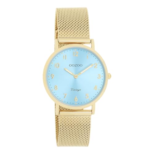 Oozoo Vintage Damen Uhr Gold/Hellblau | Armbanduhr Damen mit Mesharmband | Moderne Uhr für Frauen | Edle Analog Damenuhr in rund C20348 (32mm Gehäuse) von Oozoo