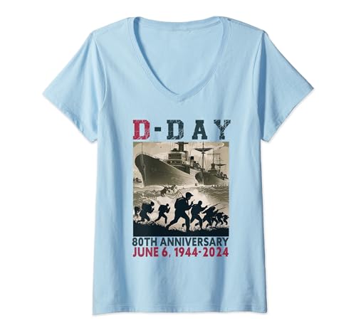 Damen D-Day 80. Jahrestag 1944 D-Day in der Normandie T-Shirt mit V-Ausschnitt von Operation Overlord 1944 D Day 2024