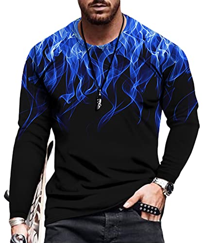 Herren Langarm T-Shirt Flame Print Henley Shirts Casual Fashion Hippie Strand T-Shirts, Blue Fire, XL von Ophestin