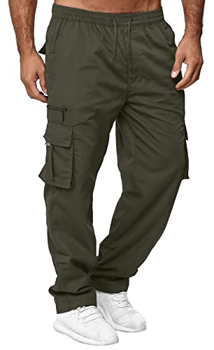 Ophestin Herren Cargohose aus Baumwolle mit 7 Taschen Cargo Chino Lange Regular Fit Cargo Hose Baumwollhose Freizeithose Armeegrün, L von Ophestin