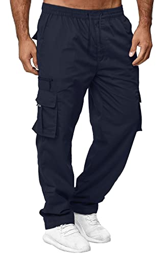 Ophestin Herren Cargohose aus Baumwolle mit 7 Taschen Cargo Chino Lange Regular Fit Cargo Hose Baumwollhose Freizeithose Navy blau, L von Ophestin