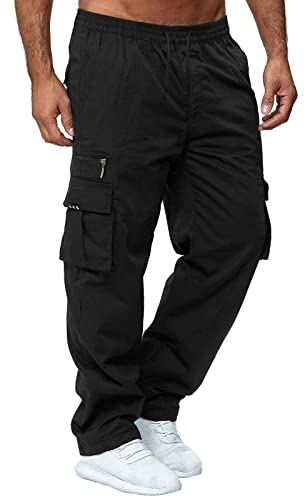 Ophestin Herren Cargohose aus Baumwolle mit 7 Taschen Cargo Chino Lange Regular Fit Cargo Hose Baumwollhose Freizeithose Schwarz, L von Ophestin