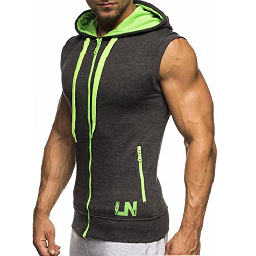 Ophestin Herren Casual ärmellose Hoodies Zip Up Sweatshirt Mode Kordelzug Kontrast Farbe Kapuze Tank Top mit Taschen Dunkelgrau 2XL von Ophestin