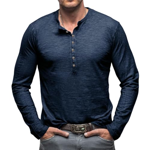 Ophestin Herren Henley Shirts Langarm Vintage Bluse Tops Baumwolle Knopf T Shirts Blau 2XL von Ophestin