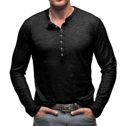 Ophestin Herren Henley Shirts Langarm Vintage Bluse Tops Baumwolle Knopf T Shirts Schwarz XL von Ophestin