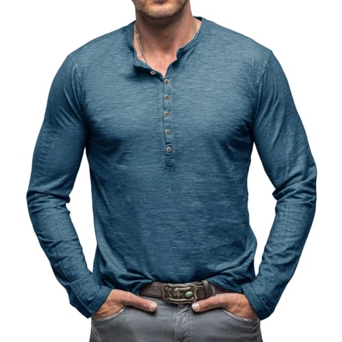 Ophestin Herren Henley Shirts Langarm Vintage Bluse Tops Baumwolle Knopf T Shirts hellblau M von Ophestin