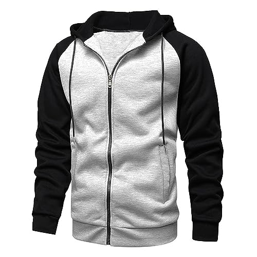 Ophestin Herren Kapuzenpullover Zip Up Langarm Fleece Sweatshirts Pullover Hoodies Jacke Kontrast Farbe Top mit Kanga Tasche Grau L von Ophestin