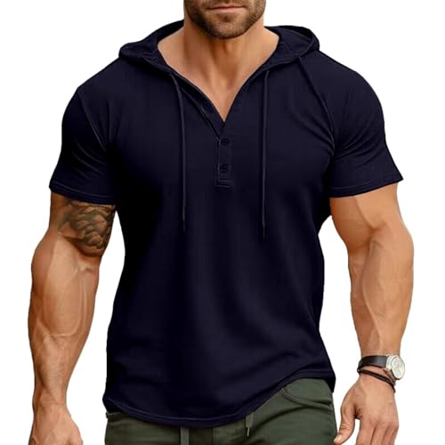 Ophestin Herren Kurzarm Kapuzenpulli Lässige T Shirts Mode Sportliche Hoodies Knopf Sweatshirt Blau 3XL von Ophestin