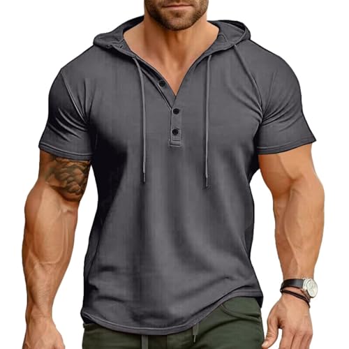 Ophestin Herren Kurzarm Kapuzenpulli Lässige T Shirts Mode Sportliche Hoodies Knopf Sweatshirt Grau L von Ophestin