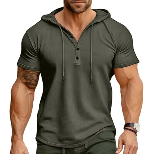 Ophestin Herren Kurzarm Kapuzenpulli Lässige T Shirts Mode Sportliche Hoodies Knopf Sweatshirt Grün L von Ophestin