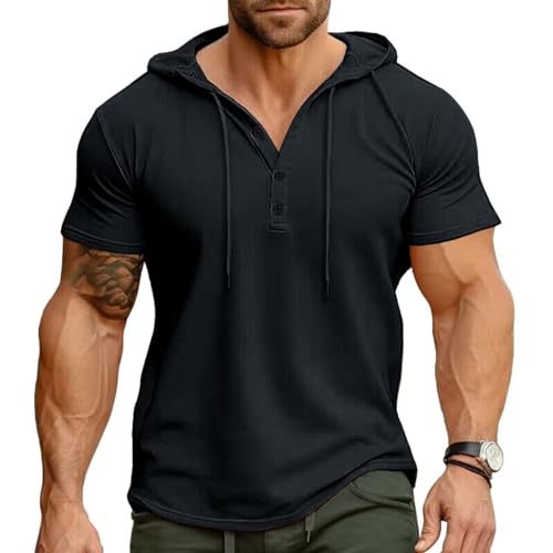 Ophestin Herren Kurzarm Kapuzenpulli Lässige T Shirts Mode Sportliche Hoodies Knopf Sweatshirt Schwarz L von Ophestin