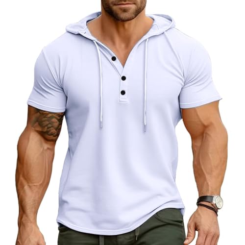 Ophestin Herren Kurzarm Kapuzenpulli Lässige T Shirts Mode Sportliche Hoodies Knopf Sweatshirt Weiß L von Ophestin