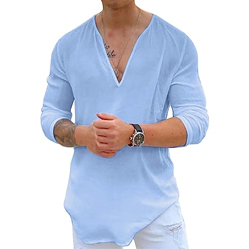 Ophestin Herren Leinen Hemd Langarm V-Ausschnitt Henley Sommerhemd Freizeithemd Männer Strand Yoga Top Blau L von Ophestin