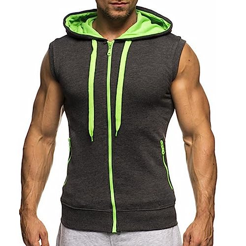 Ophestin Herren ärmellose Hoodies Zip Up Sweatshirt Mode Kordelzug Kontrast Farbe Kapuze Tank Top mit Taschen Dunkelgrau 2XL von Ophestin