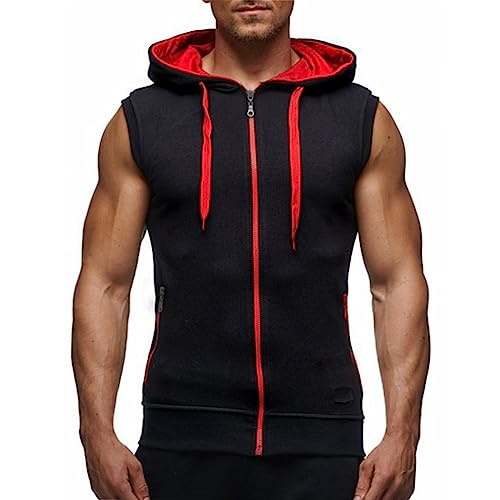 Ophestin Herren ärmellose Hoodies Zip Up Sweatshirt Mode Kordelzug Kontrast Farbe Kapuze Tank Top mit Taschen Rot 2XL von Ophestin