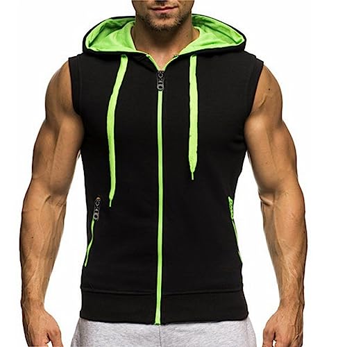 Ophestin Herren ärmellose Hoodies Zip Up Sweatshirt Mode Kordelzug Kontrast Farbe Kapuze Tank Top mit Taschen Schwarz 2XL von Ophestin