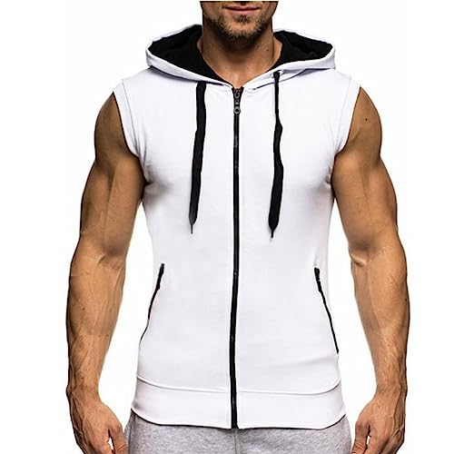 Ophestin Herren ärmellose Hoodies Zip Up Sweatshirt Mode Kordelzug Kontrast Farbe Kapuze Tank Top mit Taschen Weiß 2XL von Ophestin