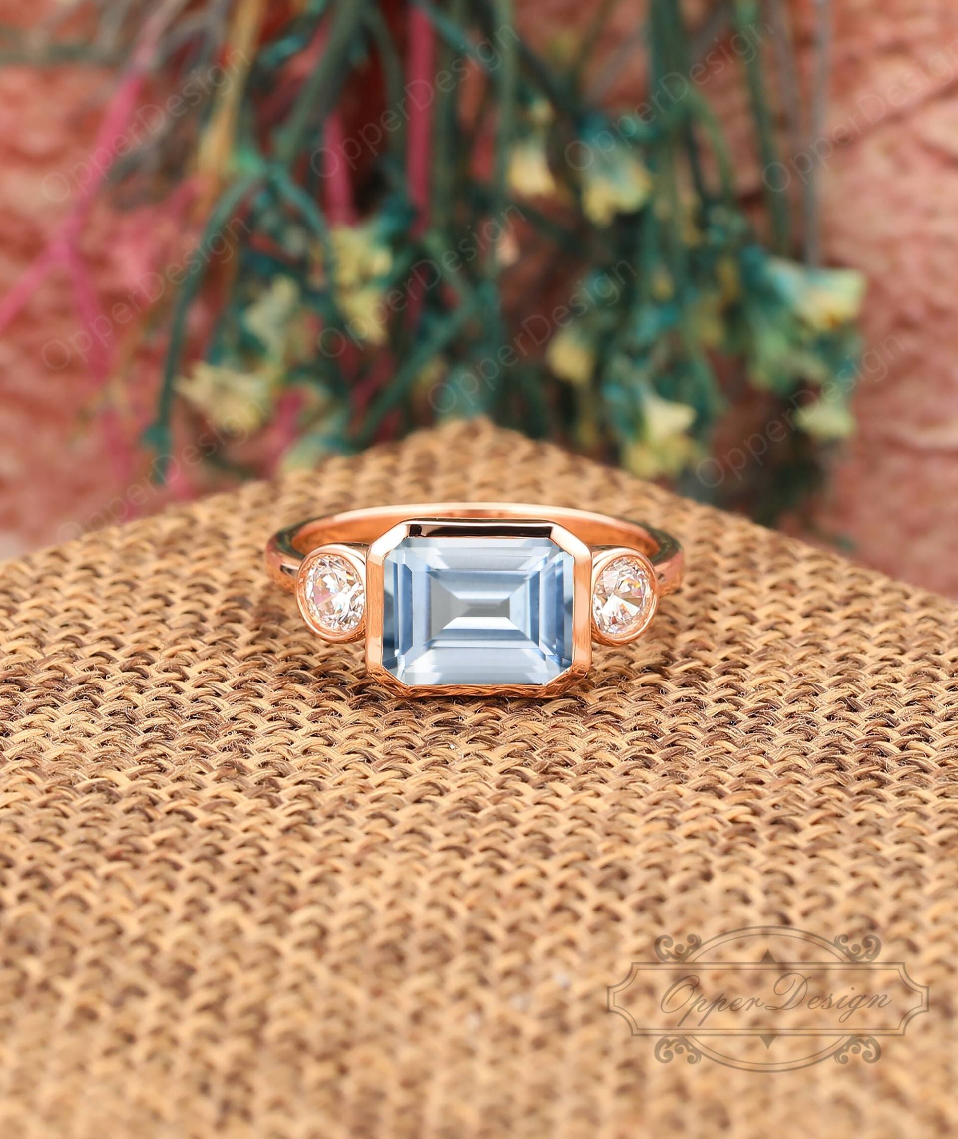 3Ct Smaragd Schliff 7x9mm Aquamarin Ring, Einzigartiger Jahrestag 14K Rose Gold Frauen Versprechen Zarte Handgemachte Ring Vintage von OpperDesign