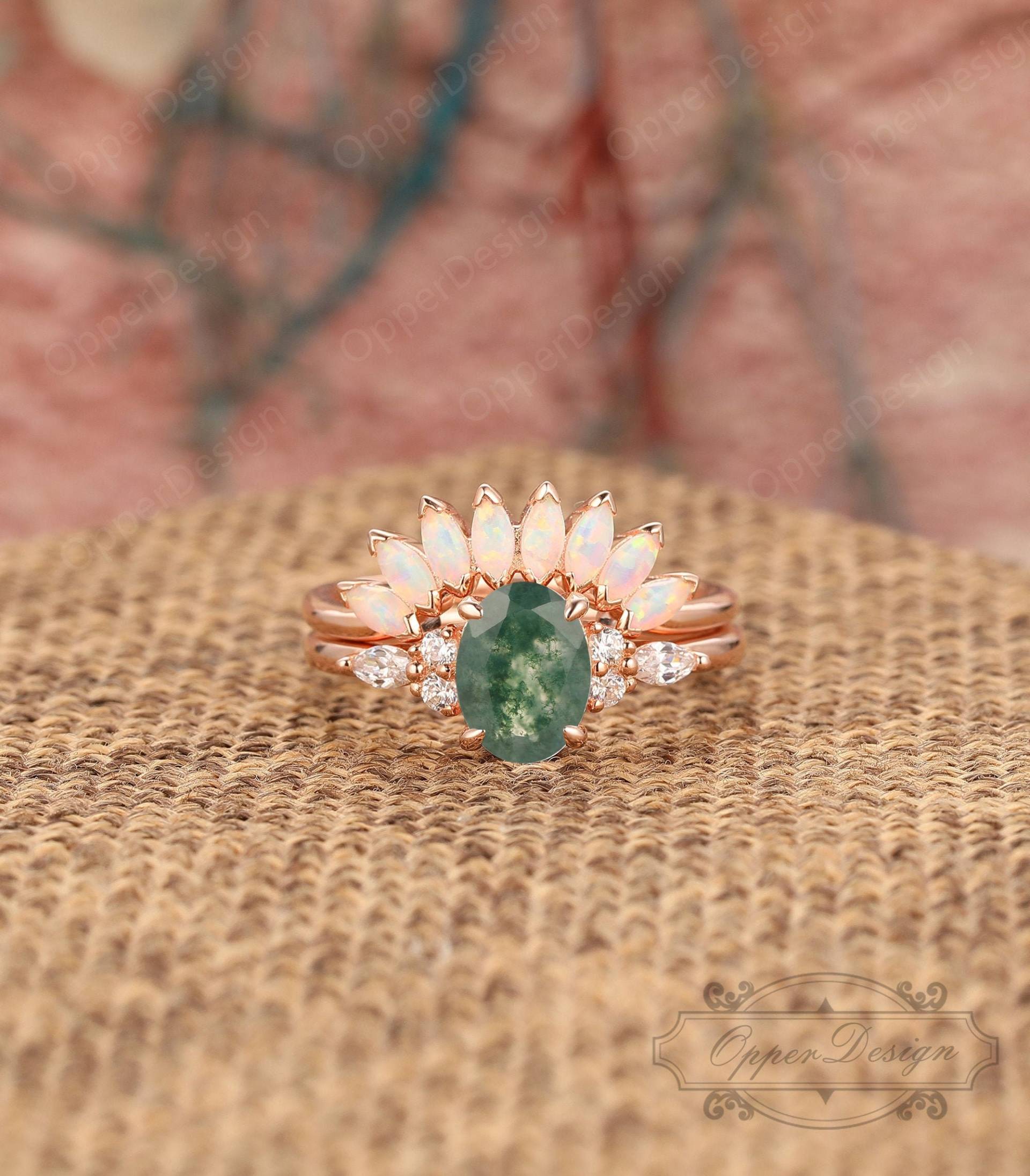 Rose Gold Moos Achat Ring Set, Stacking Opal Ehering Braut Jubiläum Set Für Frauen, Zierliche von OpperDesign