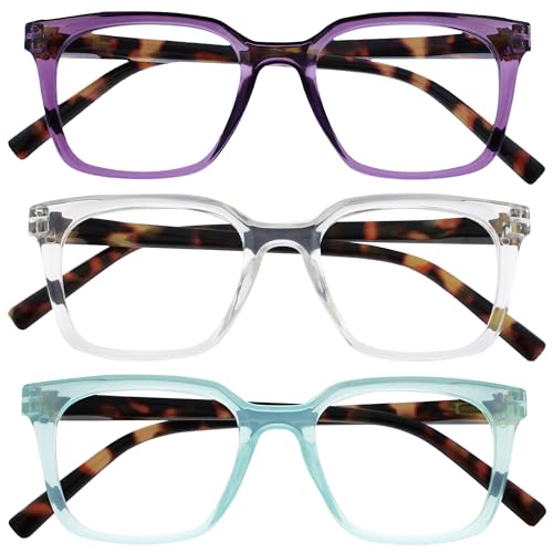 Opulize KOI Lesebrille 3er Pack - Große Rechteckige Brillenfassung - Violett-Aqua-Durchsichtig - Damen, Herren - Federscharniere - RRR50-5CQ - +1.00 von Opulize