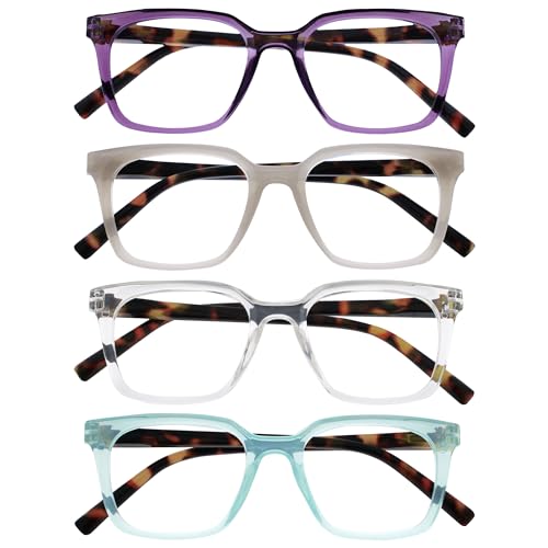 Opulize KOI Lesebrille 4er Pack - Große Rechteckige Fassung - Violett-Grau-Durchsichtig-Aqua - Damen Herren Unisex - Federscharniere - RRRR50-57CQ - +1.00 von Opulize