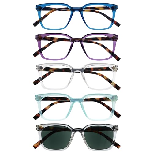 Opulize KOI Lesebrille & Sonnenleser 5er Pack - Rechteckiges Gestell - Schwarz-Violett-Klar-Aqua-Klar - Damen Herren - Federscharniere - RRRRS50-35CQC - +1.00 von Opulize