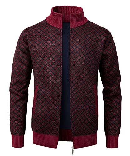 Oralidera Herren Strickjacke Winterjacke Cardigan Mit Stehkragen Und Reißverschluss Gestrickt Cardigan Herren Langarm Wintermantel, Weinrot, M von Oralidera