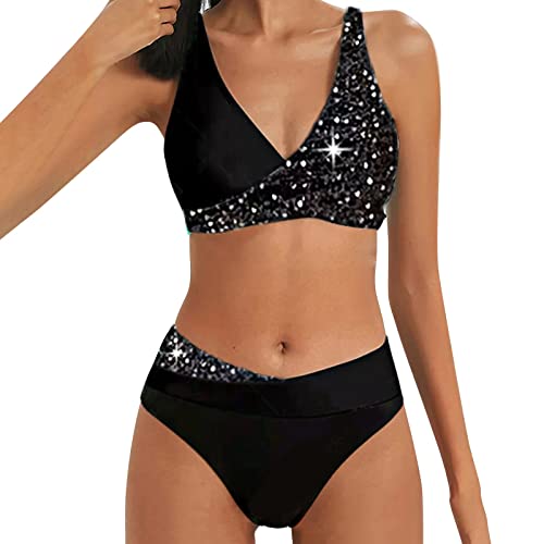 Damen Zweiteiliger Badeanzug V Ausschnitt überkreuztes Blumenmuster Bikini Bauchkontrolle Bikini Streifen Pailletten Bikini Damen Bauchweg Push Up Sexy Bademode Große Größen Beachwear Strandmode von Orbgons