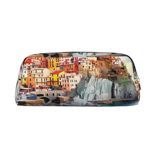 Cinque Terre Landschaft Bedrucktes Federmäppchen Leder Make-up Tasche Tragbare Reise Kulturbeutel Reißverschluss Kleine Aufbewahrungstasche für Frauen Mädchen, gold, Einheitsgröße, Kulturbeutel von OrcoW