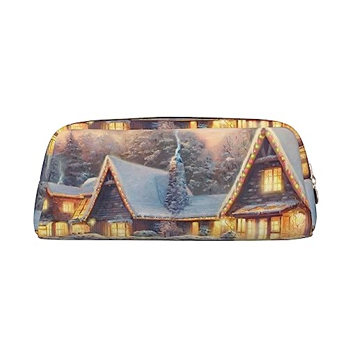 House in Snow Bedrucktes Federmäppchen Leder Make-up Tasche Tragbare Reise Kulturbeutel Reißverschluss Kleine Aufbewahrungstasche für Frauen Mädchen, gold, Einheitsgröße, Kulturbeutel von OrcoW