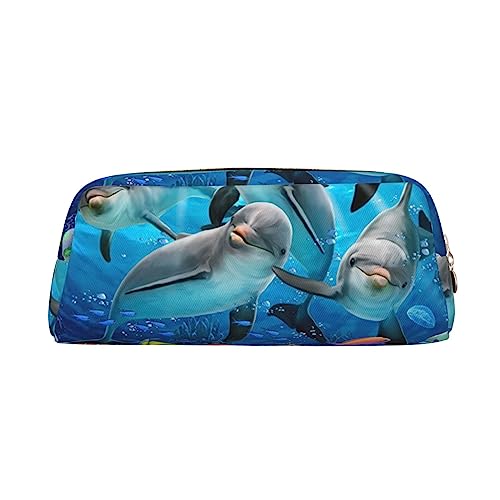 Ocean Dolphin Looking at You Printed Pencil Case Leather Makeup Bag Portable Travel Toiletry Bag Zipper Small Storage Bag for Women Girls, gold, Einheitsgröße, Kulturbeutel von OrcoW