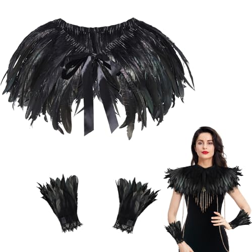 Orgoue Schwarzer Federumhang, Feder Achselzucken Schal Federkragen Schwarzer Kostüm Damen Mit Feder-Manschetten Schwarzer Maleficent Kostüm Damen Gothic Federrock Pfau Kostüm Für Karneval von Orgoue