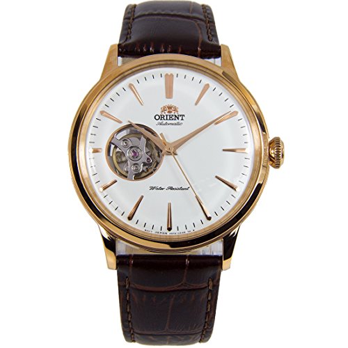 Orient Bambino Open Heart japanische automatische Armbanduhr aus Edelstahl und Leder (Modell: RA-AG0004B10A), Weiss/opulenter Garten, Modern von Orient