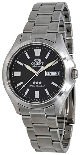 Orient RA-AB0F07B Herren-Armbanduhr, Edelstahl, 3 Sterne, schwarzes Zifferblatt, Luminous Index, Tag Datum, automatische Uhr von Orient