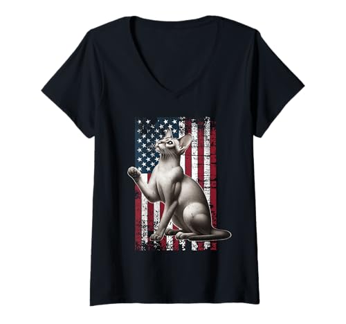 Damen Orientalisch Kurzhaar US Katze Orientalisch Kurzhaar T-Shirt mit V-Ausschnitt Damen Orientalisch Kurzhaar US Katze Orientalisch Kurzhaar T-Shirt mit V-Ausschnitt von Oriental Shorthair US Fahne Herren Damen