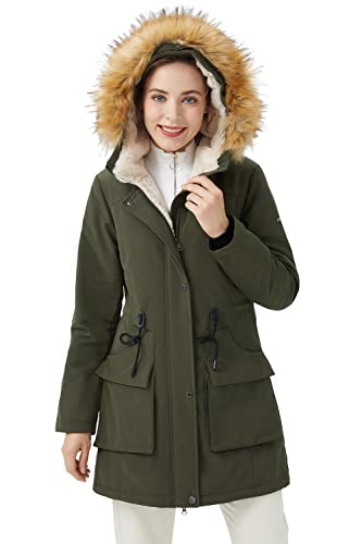 Orolay Damen-Parka mit Dickem Fleece-Futter Wintermantel Kapuzenjacke und Abnehmbarem Pelzkragen Olivgrün S von Orolay