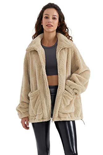 Orolay Damen Plüschjacke mit Reißverschluss und Taschen Lässiges Fleece Sweatshirt Khaki S von Orolay