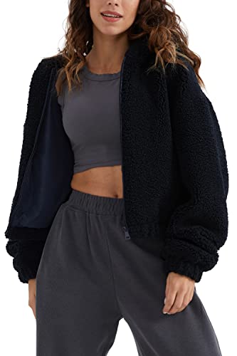 Orolay Faux Shearling Flauschiger Mantel für Damen Kurze Teddyjacke mit Kapuze Marine XL von Orolay