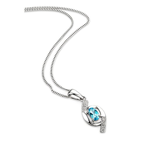 Orovi Schmuck Damen 0.01 Ct Diamant Halskette mit Anhänger Edelstein/Geburtsstein Topas in blau und Diamanten Brillanten Kette aus Weißgold 9 Karat / 375 Gold, länge 45 cm von OROVI