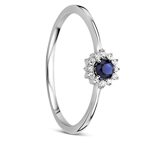 OROVI Solitär Ring Damen Weißgold 9 Karat / 375 Gold Solitär Blauer Saphir Diamant Brillianten 0,05 ct von OROVI