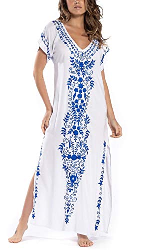 Orshoy Damen Baumwolle Kaftan Langes Kleid Maxi Strandkleid Blumenstickerei Sommer Strandkleid Bikini Coverups One Size Weiß von Orshoy