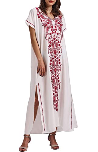 Orshoy Damen Beachwear Turkish Kaftans Lang Swimsuit Cover up Caftan Beach Dress Umstandskleid Sleepwear W1 Weiß mit roter Stickerei von Orshoy