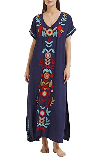 Orshoy Damen Bestickte Kaftan Kleider für Frauen Badeanzug Cover Ups Strand Kaftan Maxikleid Loungewear Beach Dress W1 Marineblau Bunt von Orshoy