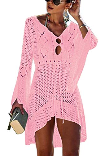 Orshoy Damen Boho Weben Einzigartig Bikini Cover Up Sommerkleid Gestrickte Strandkleid Rosa von Orshoy