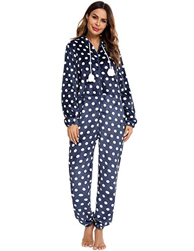 Orshoy Damen Jumpsuit Onesie Overall Pyjama Schlafanzug Einteiler Trainingsanzug Weihnachten Xmas Ganzkörperanzug Mit Rentiermuster Navy Punkte M von Orshoy