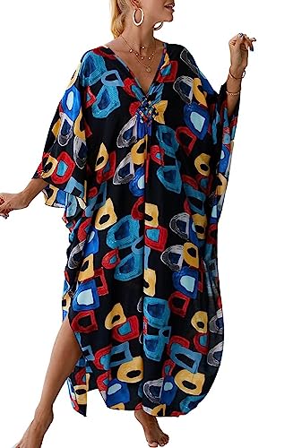 Orshoy Damen Kaftan Dresses Cover Up Plus Size Print Maxikleid Causal Kleid Maxi Kaftan Langes Kleid Sommer Lose Kurzarm Muster 7 von Orshoy