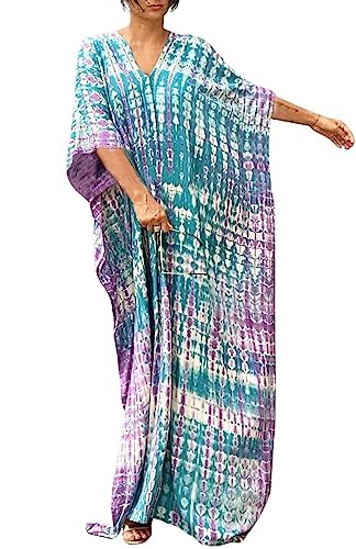 Orshoy Damen Kaftan Dresses Print Beach Cover Up Strandkleid V Ausschnitt Kurzarm Sommer Beach Maxikleid Causal Kleid Beachwear B-Pfau Blau Violett von Orshoy