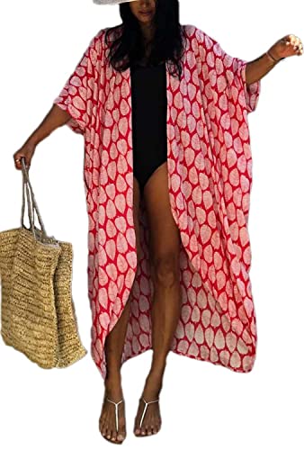 Orshoy Damen Kimono Cardigan Sommer Strandkleid Lang Baumwolle Strandponcho Pareos Boho Bikini Cover up B-Rot von Orshoy