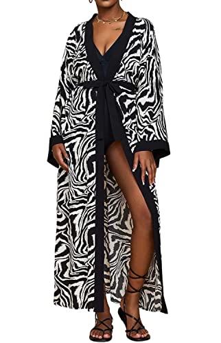 Orshoy Damen Kimono Lang Bikini Cover Up Cardigan Sommerkleid Strandkleid Casual Langarm Offene Front Jacke Boleros Sommerkleid Schwarz und weiß von Orshoy