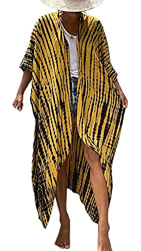 Orshoy Damen Morgenmantel Kimono Cardigan Bademantel Lange Robe Nachtwäsche Pyjama Strand Pareo Bademode Strand Badeanzug Strandponcho Lange Bluse Schlafmantel Schwarz/Gelb von Orshoy